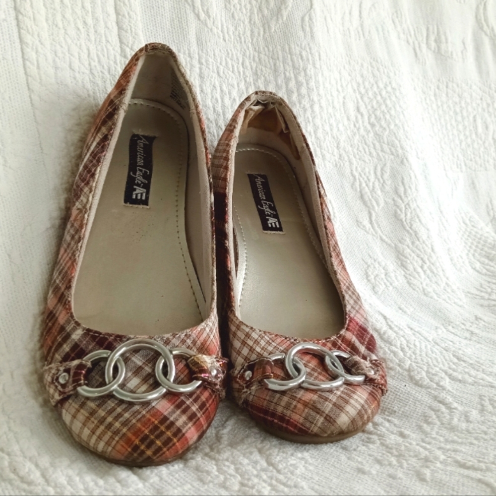 American Eagle Outfitters Pink Plaid Flats Silver Buckles Sparkly Flats School